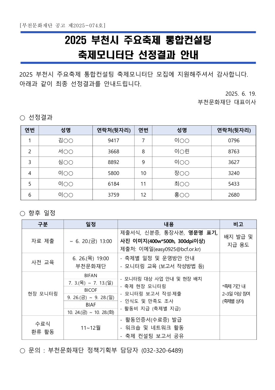 축제모니터단 선정결과 발표 - 자세한 내용은 다음 텍스트에서 설명